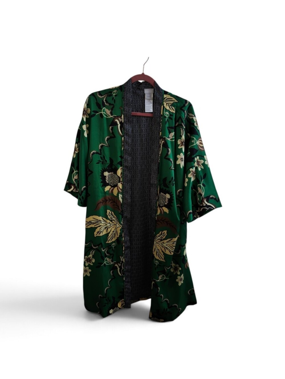 Chico's Green Floral Satin Kimono-Style Jacket